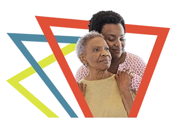  An older women with CCA confidently looking forward while being embraced by a loved one.